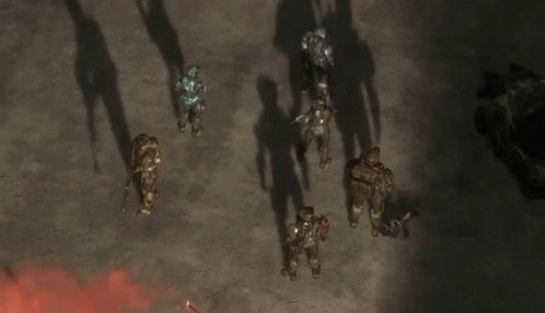 A Group Of Soldiers Are Standing In Front Of A Building That Has A Sign On It That Says ' Warehouse ' GIF