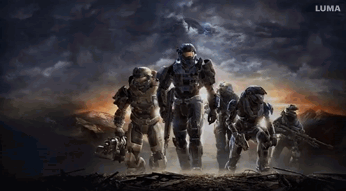 A Group Of Soldiers Are Standing Next To Each Other And The Word Luma Is On The Bottom GIF
