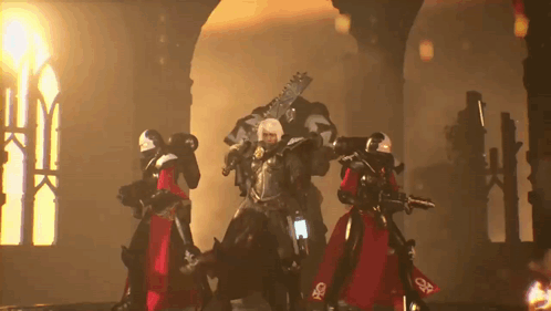 A Group Of Soldiers Are Standing Next To Each Other In A Dark Room Holding Guns . GIF