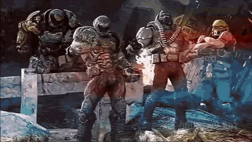 A Group Of Soldiers Are Standing Next To Each Other In A Video Game Scene . GIF