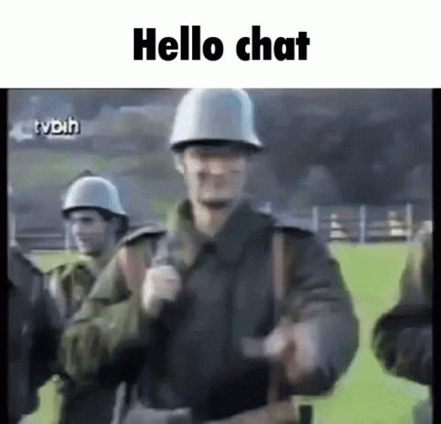 A Group Of Soldiers Are Standing Next To Each Other On A Field With The Words `` Hello Chat '' Written Above Them . GIF