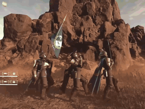 A Group Of Soldiers Holding A Flag In Front Of A Rocky Mountain GIF