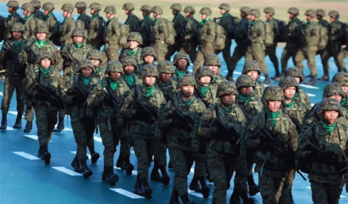 A Group Of Soldiers Marching Down A Street GIF