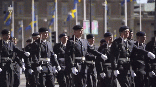 A Group Of Soldiers Marching In A Parade With A Crown On Their Uniforms GIF