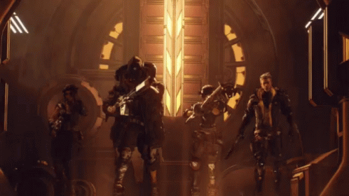 A Group Of Soldiers Standing In A Room With A Window GIF