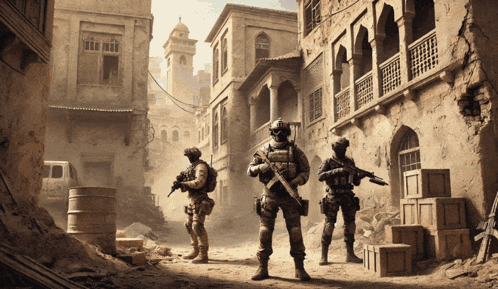 A Group Of Soldiers Standing In Front Of A Building With Boxes GIF