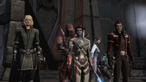 A Group Of Soldiers Standing Next To Each Other With One Of Them Holding A Lightsaber GIF