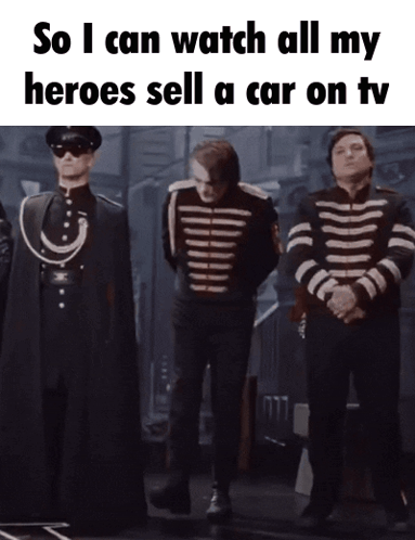 A Group Of Soldiers Standing Next To Each Other With The Caption So I Can Watch All My Heroes Sell A Car On Tv GIF