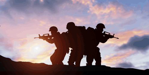A Group Of Soldiers Standing On Top Of A Hill With Guns GIF