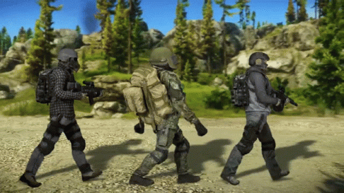 A Group Of Soldiers Walking Down A Dirt Road GIF