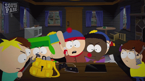 A Group Of South Park Cartoon Characters Gathered Around A Table GIF