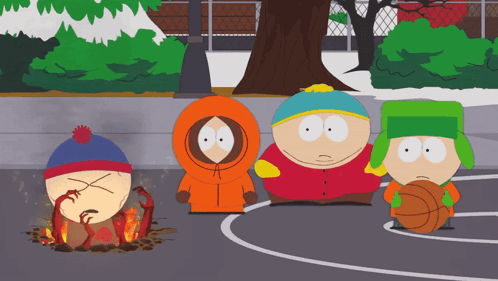 A Group Of South Park Characters Are Playing Basketball On A Court GIF