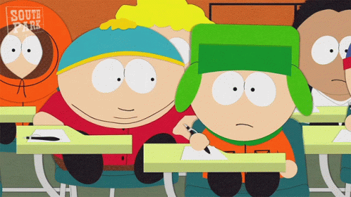A Group Of South Park Characters Are Sitting At Desks GIF