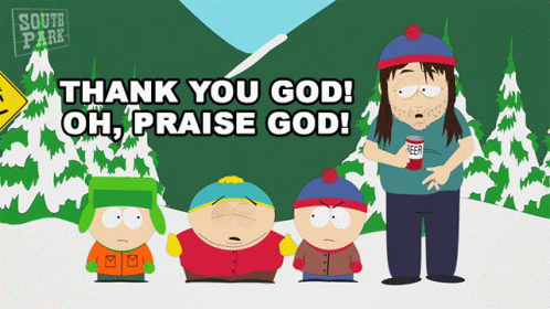 A Group Of South Park Characters Are Standing In A Snowy Forest GIF
