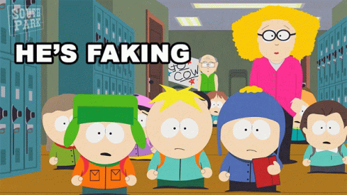 A Group Of South Park Characters Are Standing In Front Of Lockers With The Caption He 'S Faking GIF
