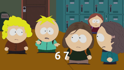A Group Of South Park Characters Are Standing In Front Of Lockers With The Number 67 On The Floor GIF