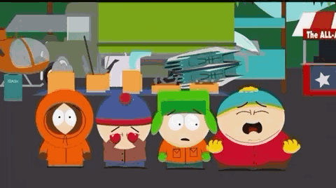A Group Of South Park Characters Are Standing Next To Each Other On A Street . GIF