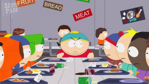 A Group Of South Park Characters Sit At A Table GIF