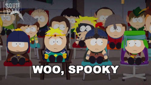 A Group Of South Park Characters Sit In Chairs With The Words Woo Spooky GIF