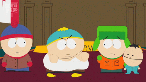 A Group Of South Park Characters Standing In Front Of A Sign That Says Pm GIF