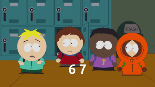 A Group Of South Park Characters Standing In Front Of Lockers With The Number 67 On The Floor GIF