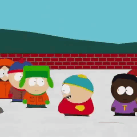 A Group Of South Park Characters Standing Next To Each Other In The Snow . GIF