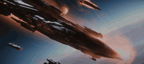 A Group Of Space Ships Are Flying Through The Air GIF