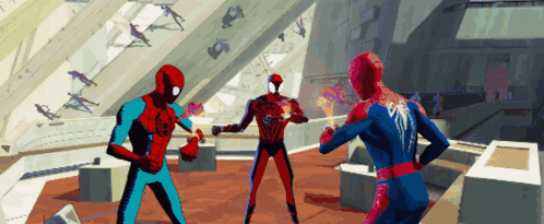 A Group Of Spider-Man Are Standing In A Room With A Large Window GIF
