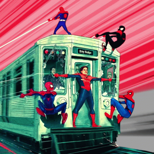 A Group Of Spider-Men Are Riding A Subway Train To Bay Ridge GIF