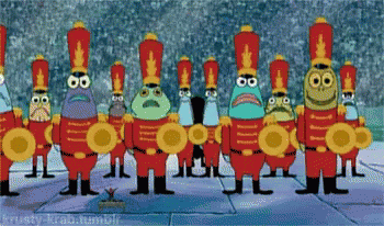 A Group Of Spongebob Characters In Red Uniforms Are Standing In A Line GIF