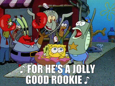A Group Of Spongebob Squarepants Characters Are Singing A Song Called For He 'S A Jolly Good Rookie . GIF