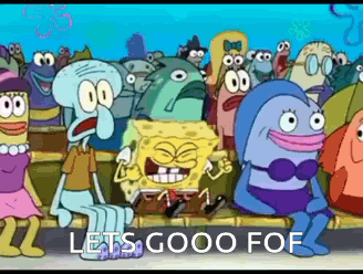 A Group Of Spongebob Squarepants Characters Are Sitting On A Bench With The Words Let 'S Gooo Fof Written Below Them GIF