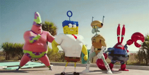 A Group Of Spongebob Squarepants Characters Are Standing Next To Each Other . GIF