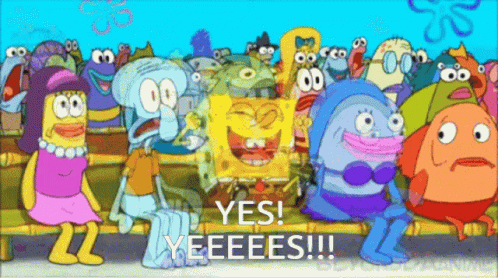 A Group Of Spongebob Squarepants Characters Sitting On A Bench With The Words Yes Yeeees Written On The Bottom GIF