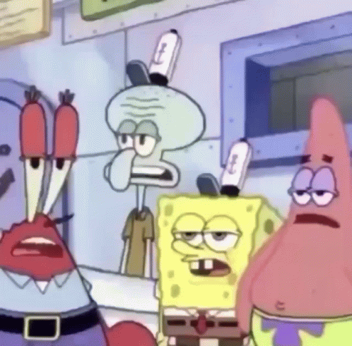 A Group Of Spongebob Squarepants Characters Standing Next To Each Other . GIF