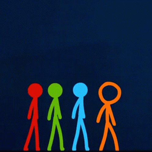 A Group Of Stick Figures Standing Next To Each Other On A Blue Background GIF