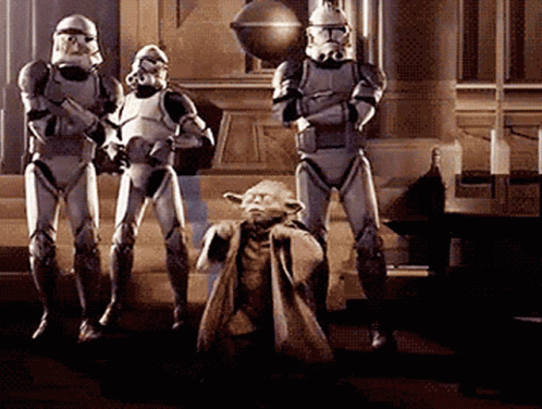 A Group Of Stormtroopers Standing Next To A Yoda Figure GIF