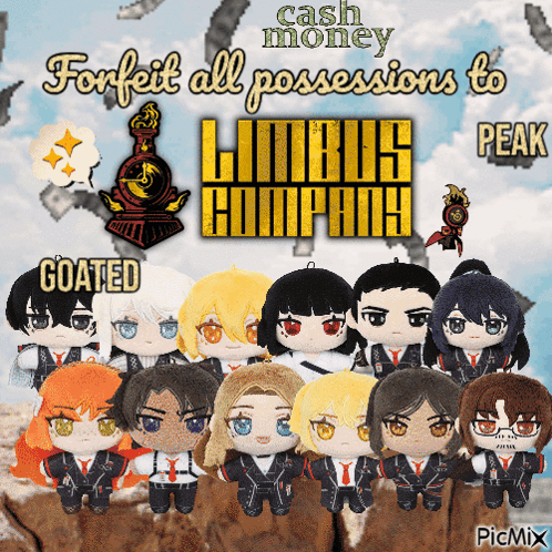 A Group Of Stuffed Animals Are Sitting On A Rock Under A Banner That Says Cash Money Forfeit All Possessions To Limbus C GIF