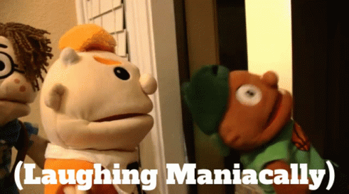 A Group Of Stuffed Animals Are Standing Next To Each Other With The Words Laughing Maniacally Below Them GIF