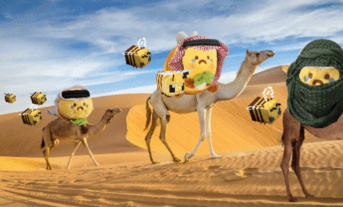 A Group Of Stuffed Animals Are Walking Through The Desert GIF