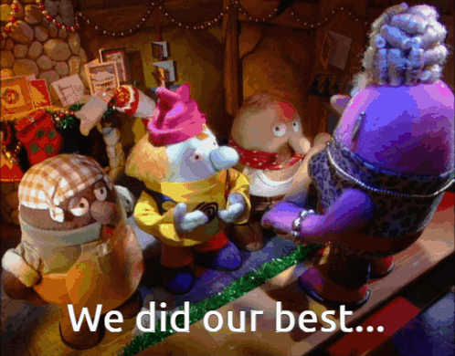 A Group Of Stuffed Animals Standing In Front Of A Fireplace With The Words We Did Our Best GIF