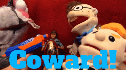 A Group Of Stuffed Animals With The Word Coward In Blue Letters GIF