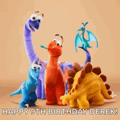 A Group Of Stuffed Dinosaurs Are Standing Next To Each Other With The Words Happy 9Th Birthday Derek GIF