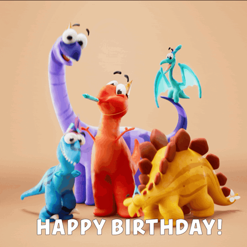 A Group Of Stuffed Dinosaurs Standing Next To Each Other With The Words Happy Birthday Written Below Them GIF