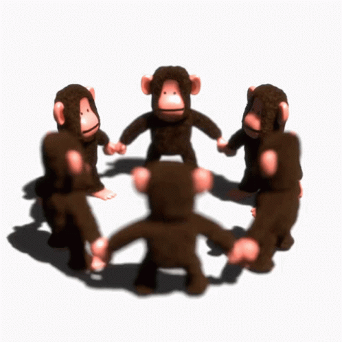 A Group Of Stuffed Monkeys Standing In A Circle Holding Hands GIF