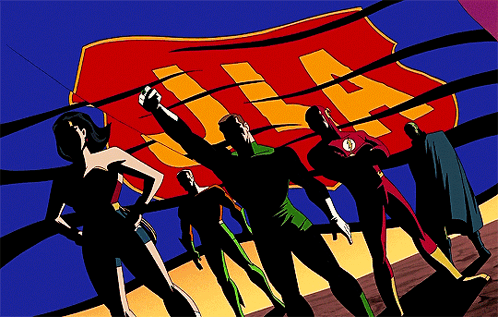 A Group Of Superheros Are Standing In Front Of A Sign That Says Iia GIF