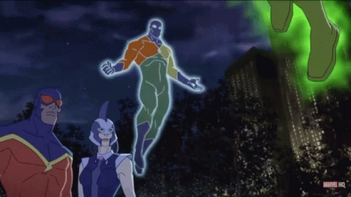 A Group Of Superheros Are Standing Next To Each Other With A Marvel Logo In The Corner GIF
