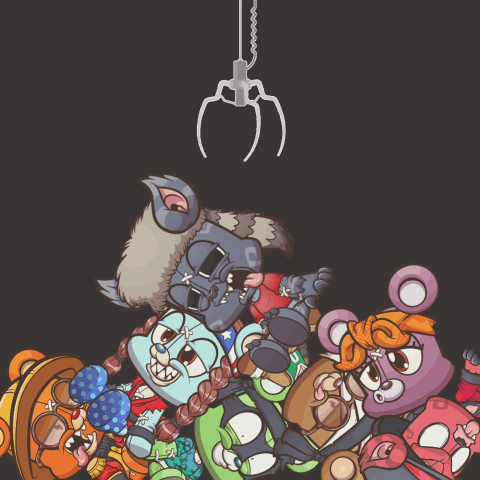 A Group Of Teddy Bears Are Gathered Around A Claw Holding A Cartoon Character GIF