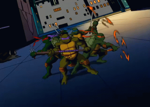 A Group Of Teenage Mutant Ninja Turtles Holding Weapons In Front Of A Building GIF