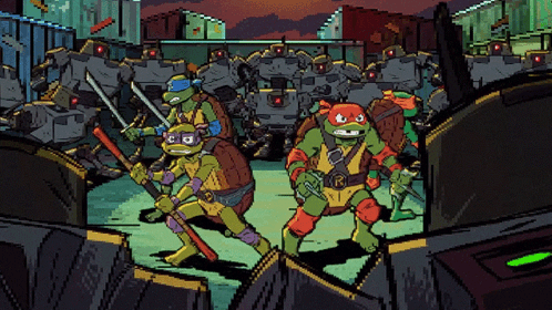 A Group Of Teenage Mutant Ninja Turtles Standing In Front Of Robots GIF